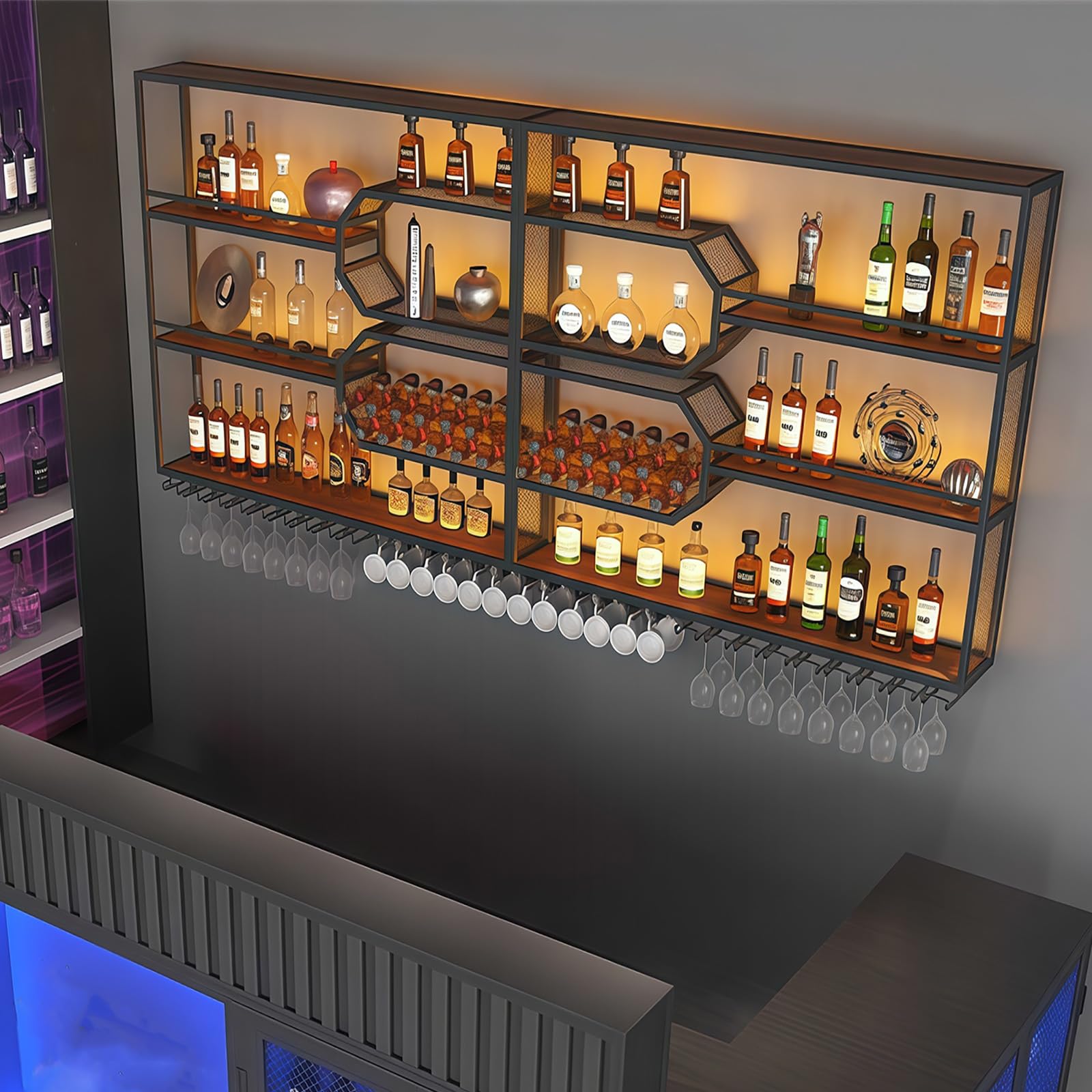 301cm Portabottiglie Da Parete con portabicchieri a LED, 4 ripiani Espositore Creativo Per Vino Da Parete, Metallo Porta Vino Portabottiglie da parete per bar, ristoranti e casa (301*125*25cm)