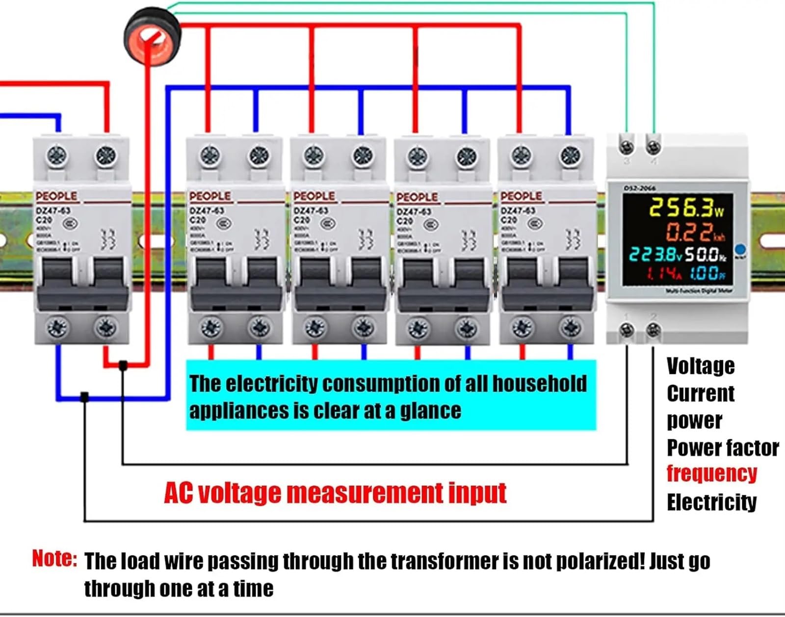 Jednofazowy licznik energii elektrycznej Monitor zużycia energii elektrycznej na szynie DIN AC 40-300 V 100 A woltomierz Amperomierz watowy Kwh Miernik mocy częstotliwości(250-450 V wbudowany