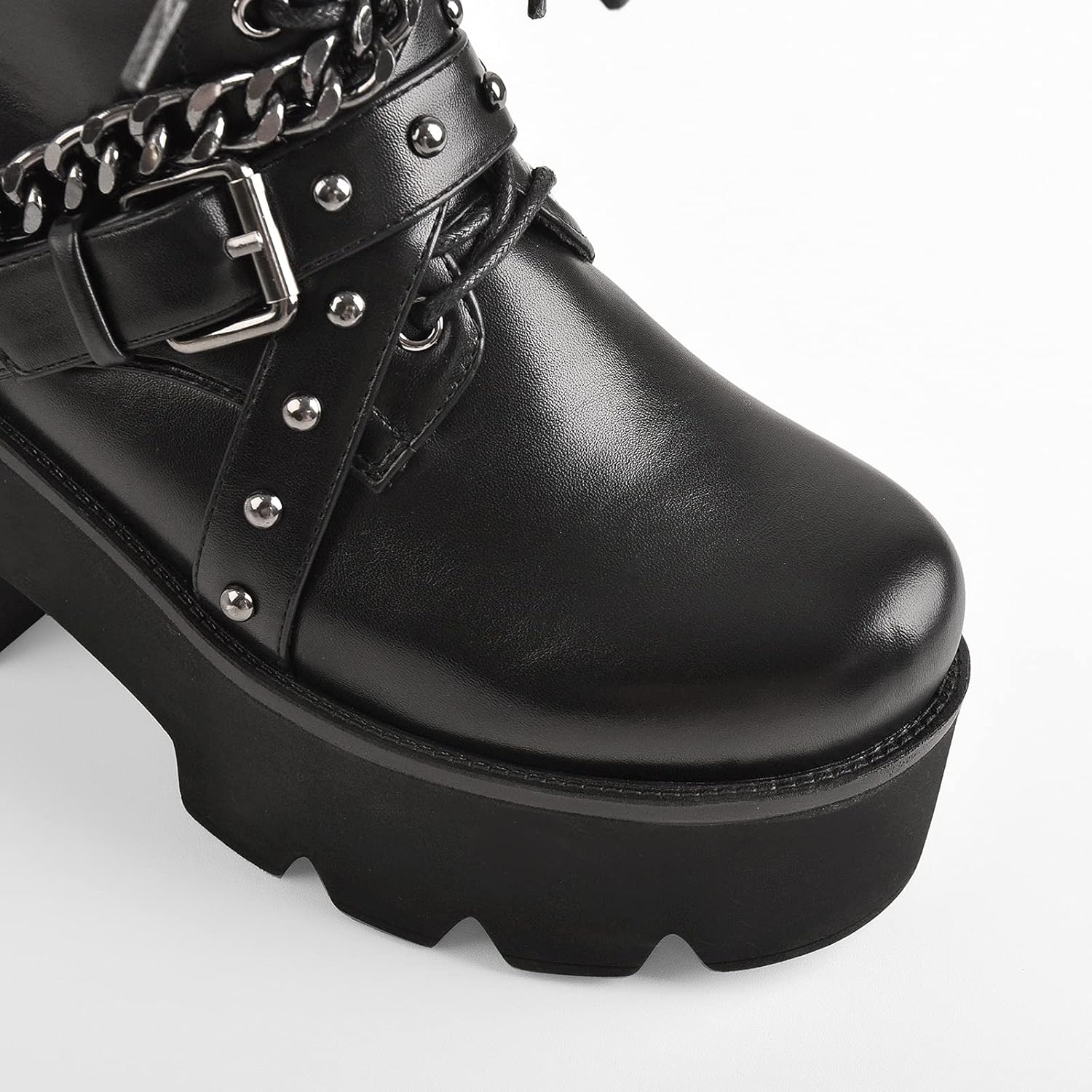 Only maker Women’s Punk Platform Ankle Boots Chunky Heel Combat Booties with Chains, Studs & Buckle Strap