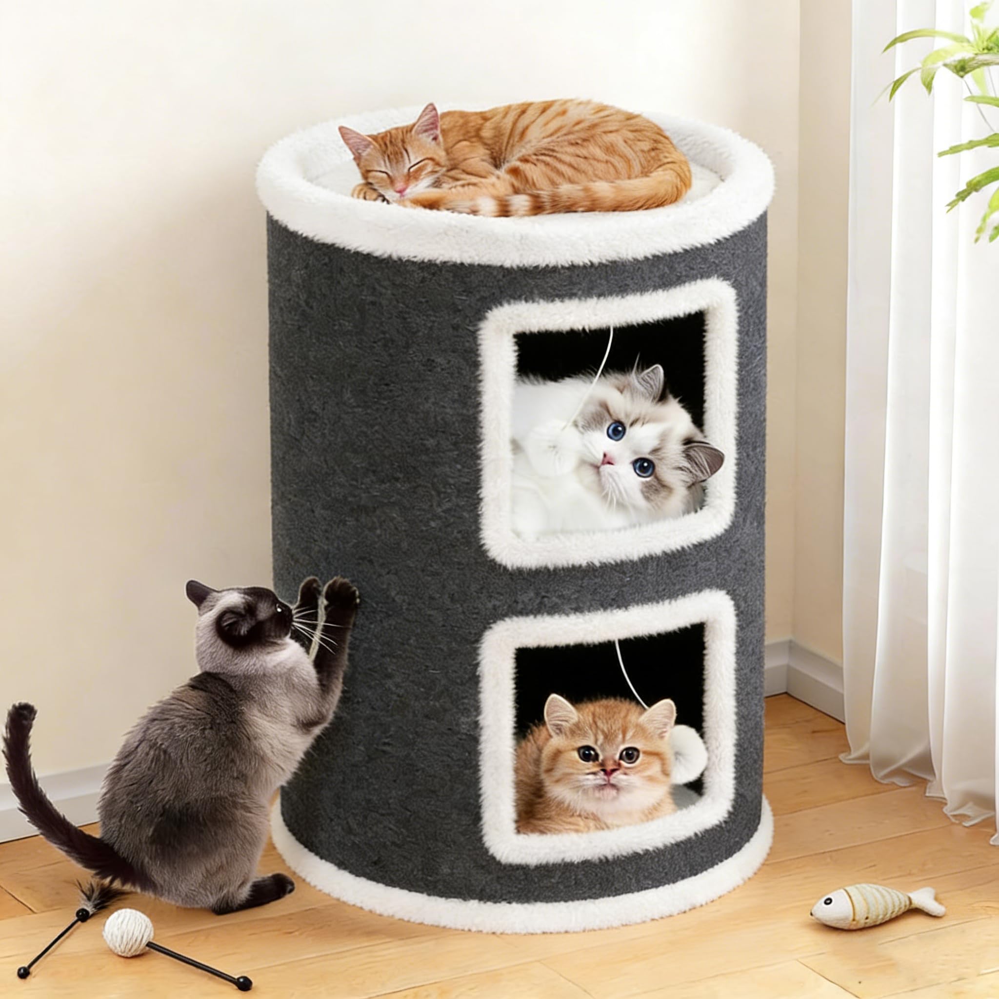 Bertifive Clawsable Cat House, Semi Enclosed Cat Beds for Indoor Cats Hideaway, Large Cat Cave Bed with Scratch Pad, Pet Condo with Hanging Ball & Stair for Muti Kitten (Grey, 39x39x60CM)