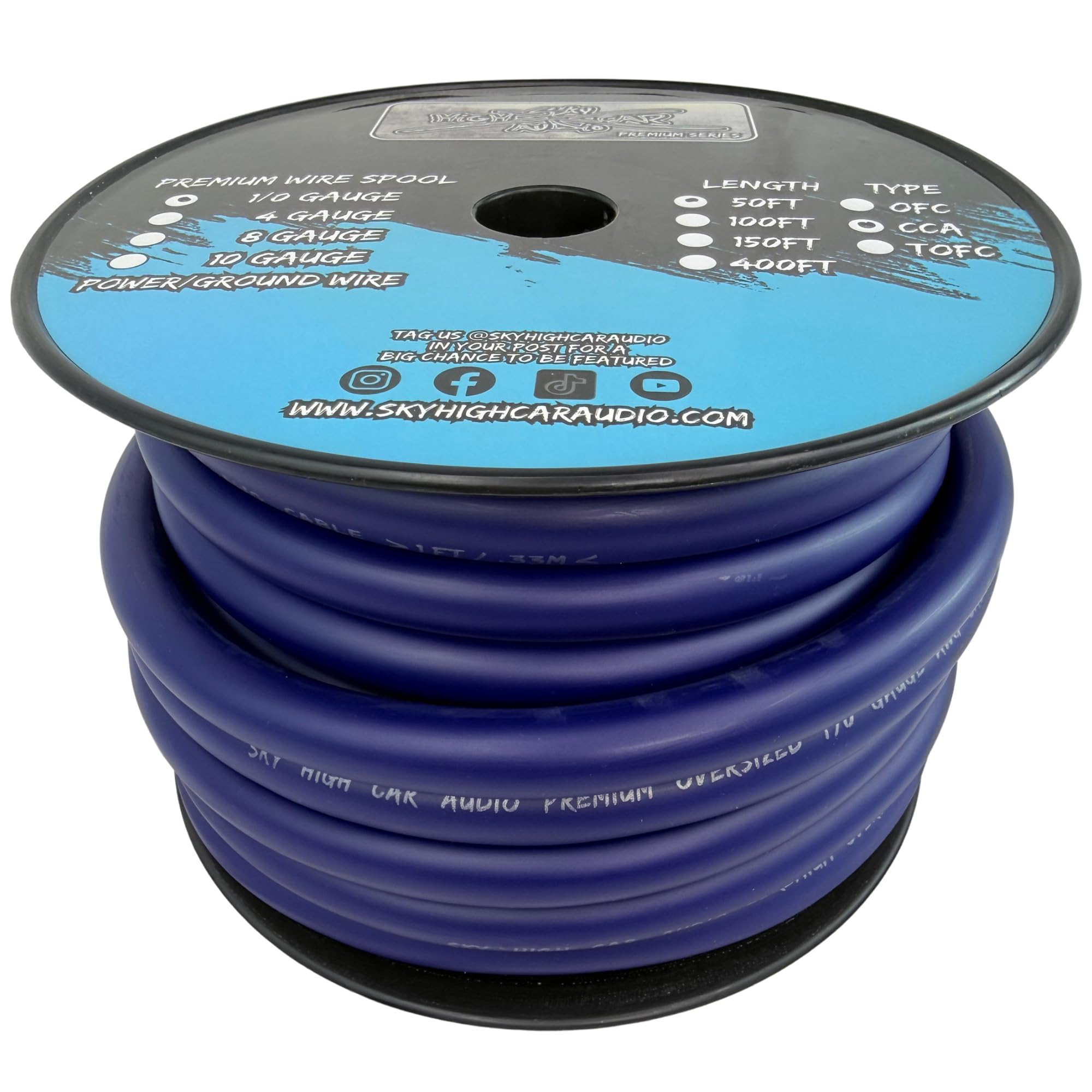 50 ft CCA 1/0 Gauge Oversized Blue Power Ground Wire Sky High Car Audio