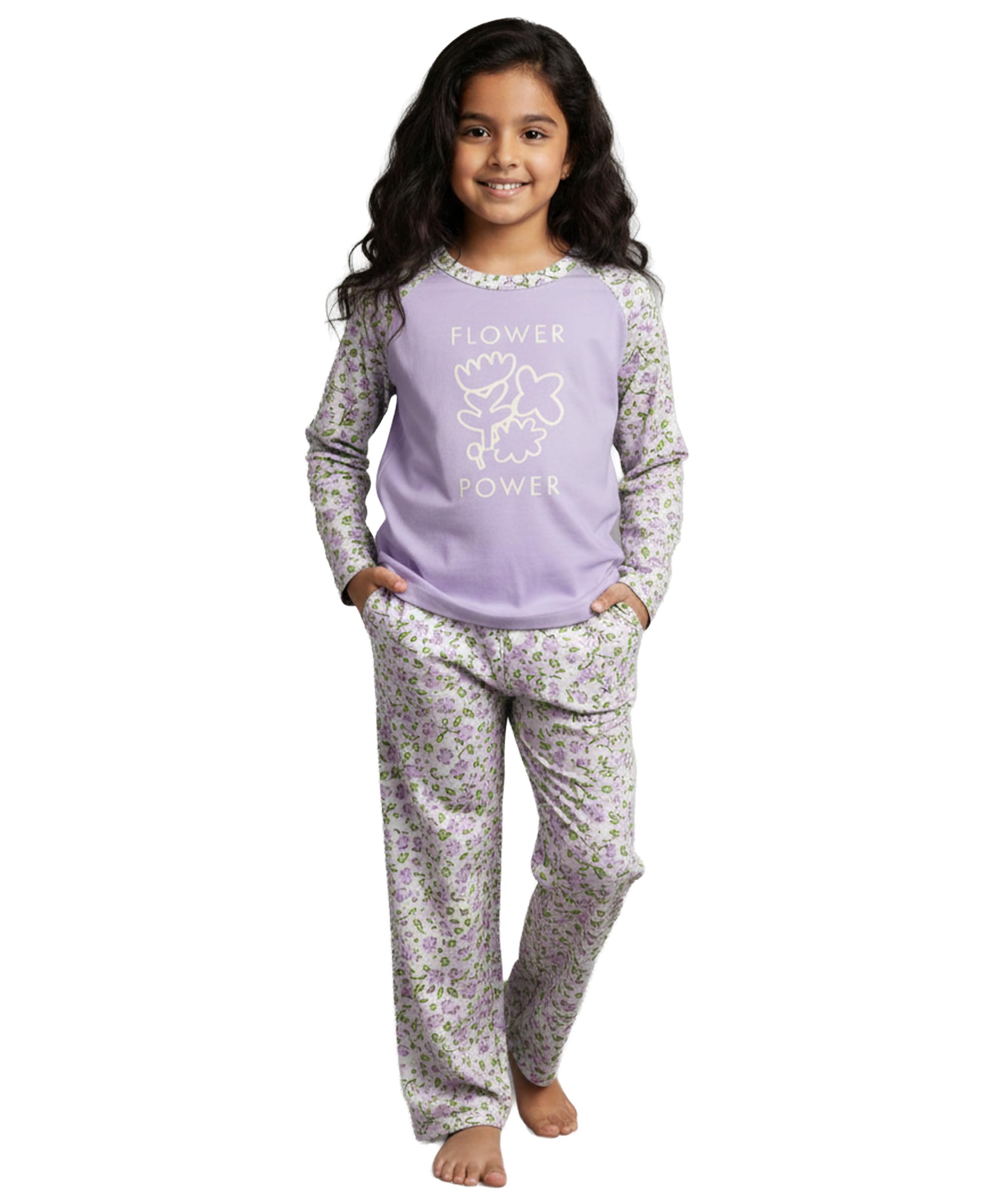 KYDA KIDS® T-shirt a maniche lunghe in 100% cotone raglan e pantaloni a gamba larga, set coordinato traspirante di alta qualità, elegante abbigliamento casual per ragazze, confezione da 1