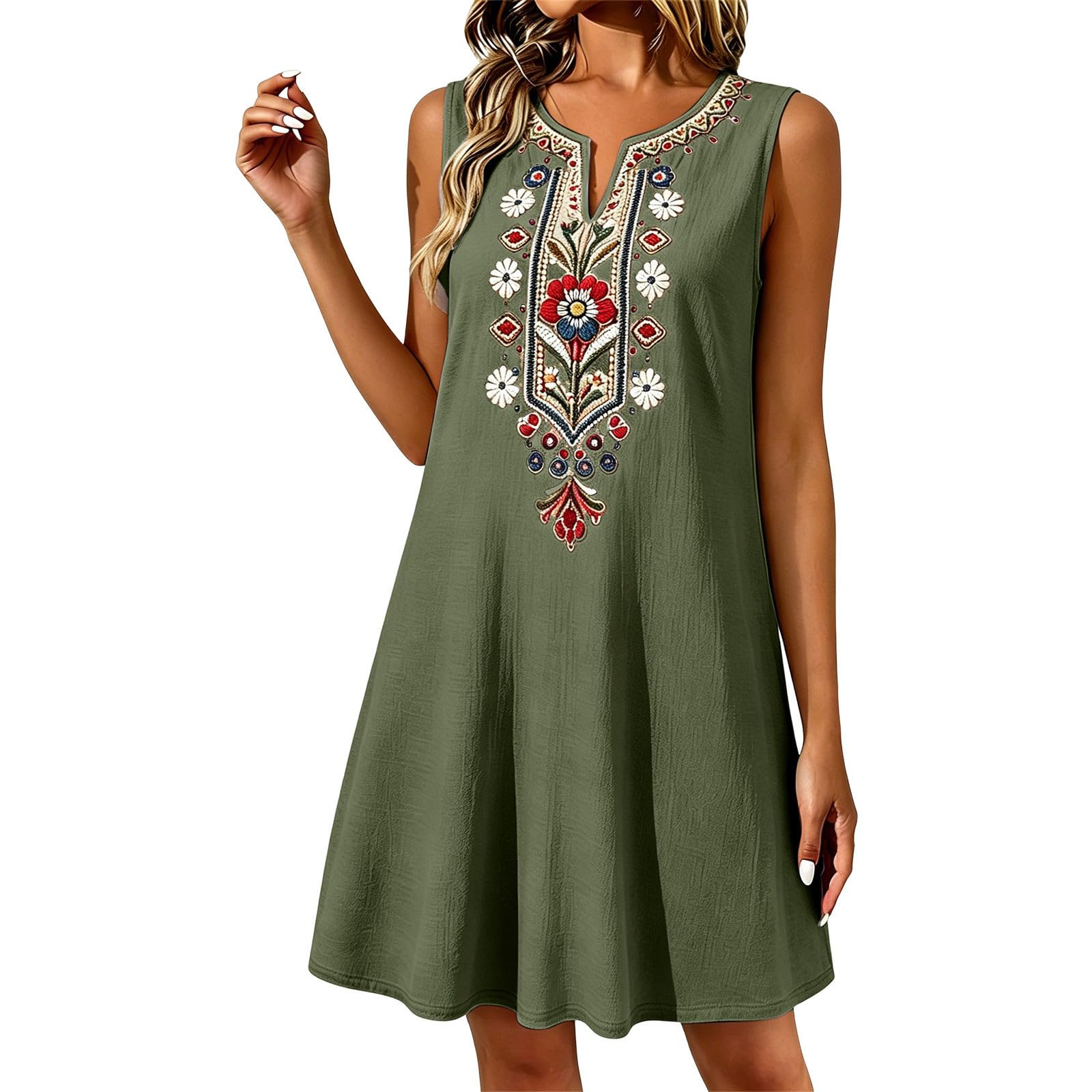 Vevpewshi Women's Boho Linen Dresses Sleeveless Embroidered V Neck Knee-Length Sundress with Pockets 2026 Summer Fashion Occation Dress for Women UK