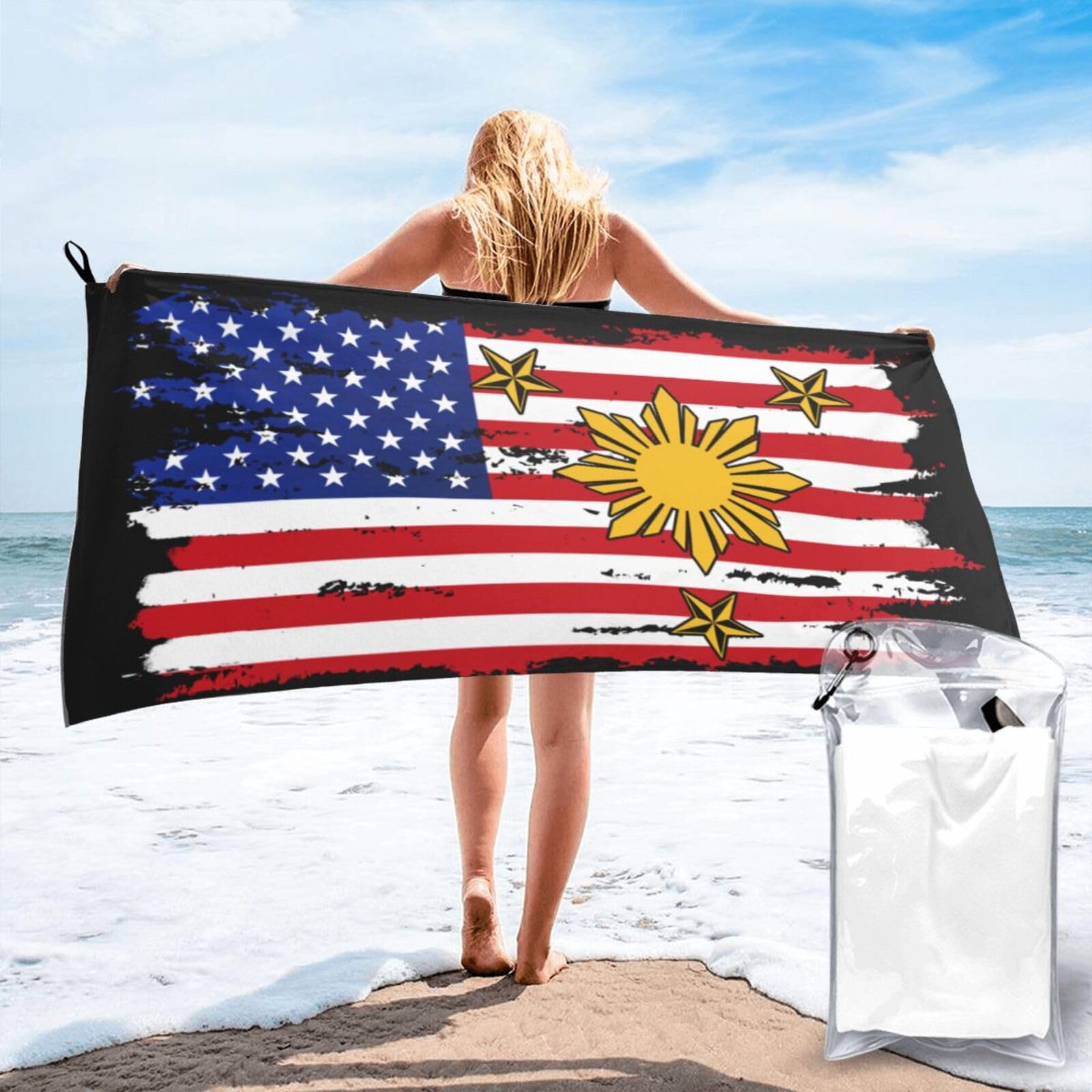 HACXZ Vintage Philippines Filipino Sun Stars Flag Absorbent Beach Towel Microfiber Beach Towel Lightweight 31.5"X63"
