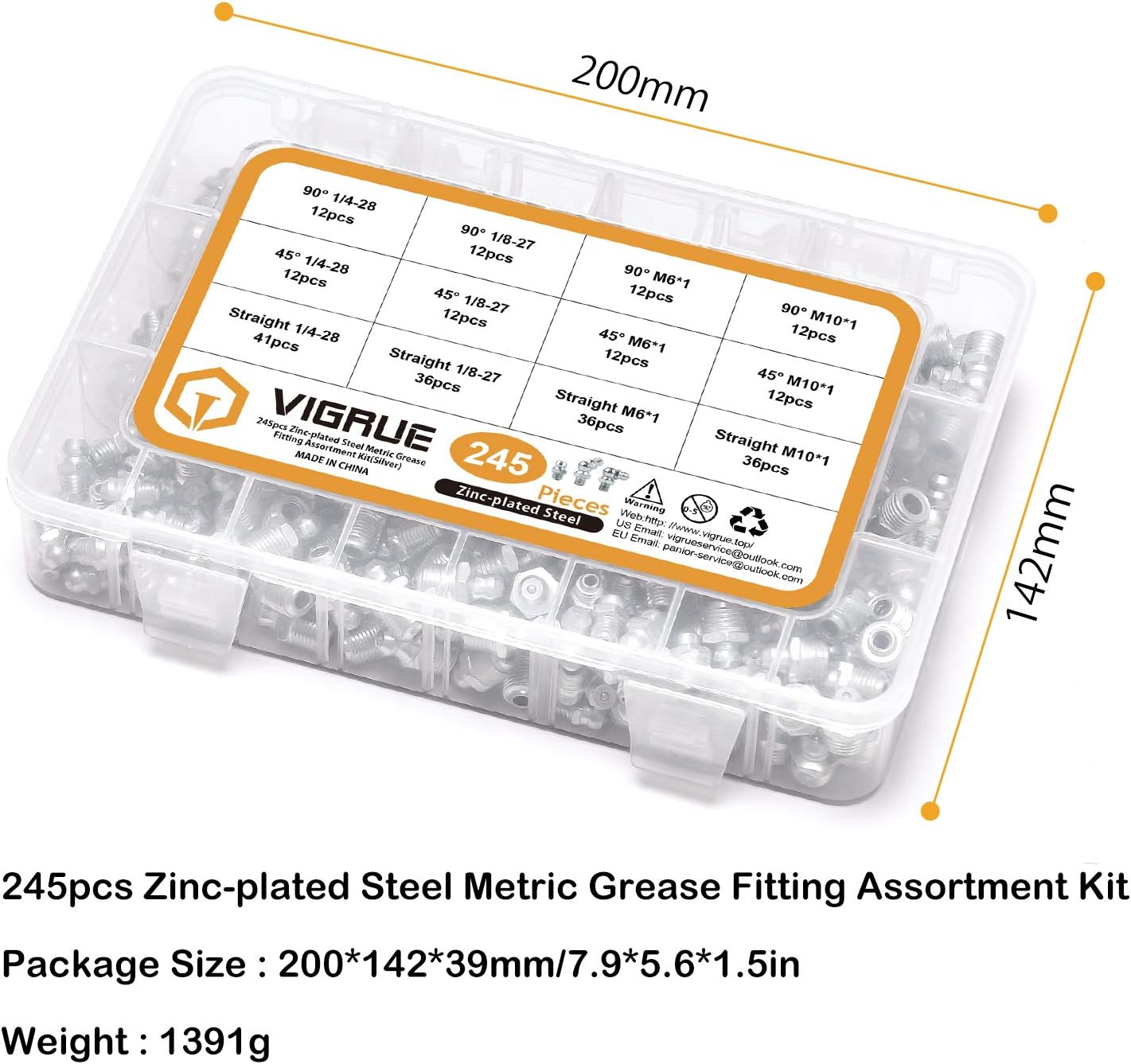 VIGRUE 245Pcs SAE & Metric Grease Fittings Assortment Kit, 1/4-28 1/8-27 M6 M10 Zerk Grease Fittings in Straight, 45, 90 Degree for Grease Gun