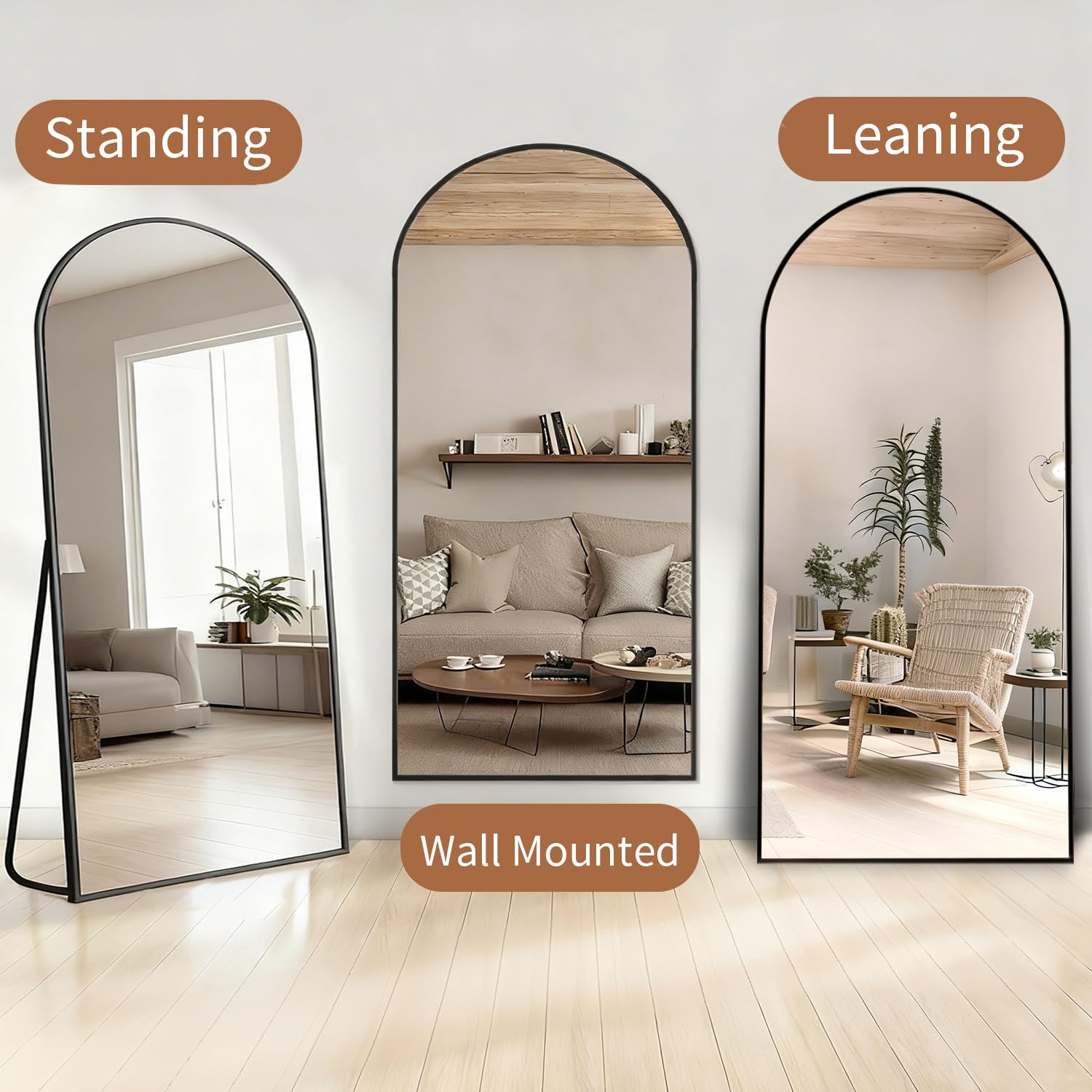 Ganzkörperspiegel, 218x102 cm Groß Bogen Standspiegel aus Gehärtete Glas, Hängend oder Lehnend Wandspiegel für Schlafzimmer, Wohnzimmer, Ankleidezimmer, Schwarz