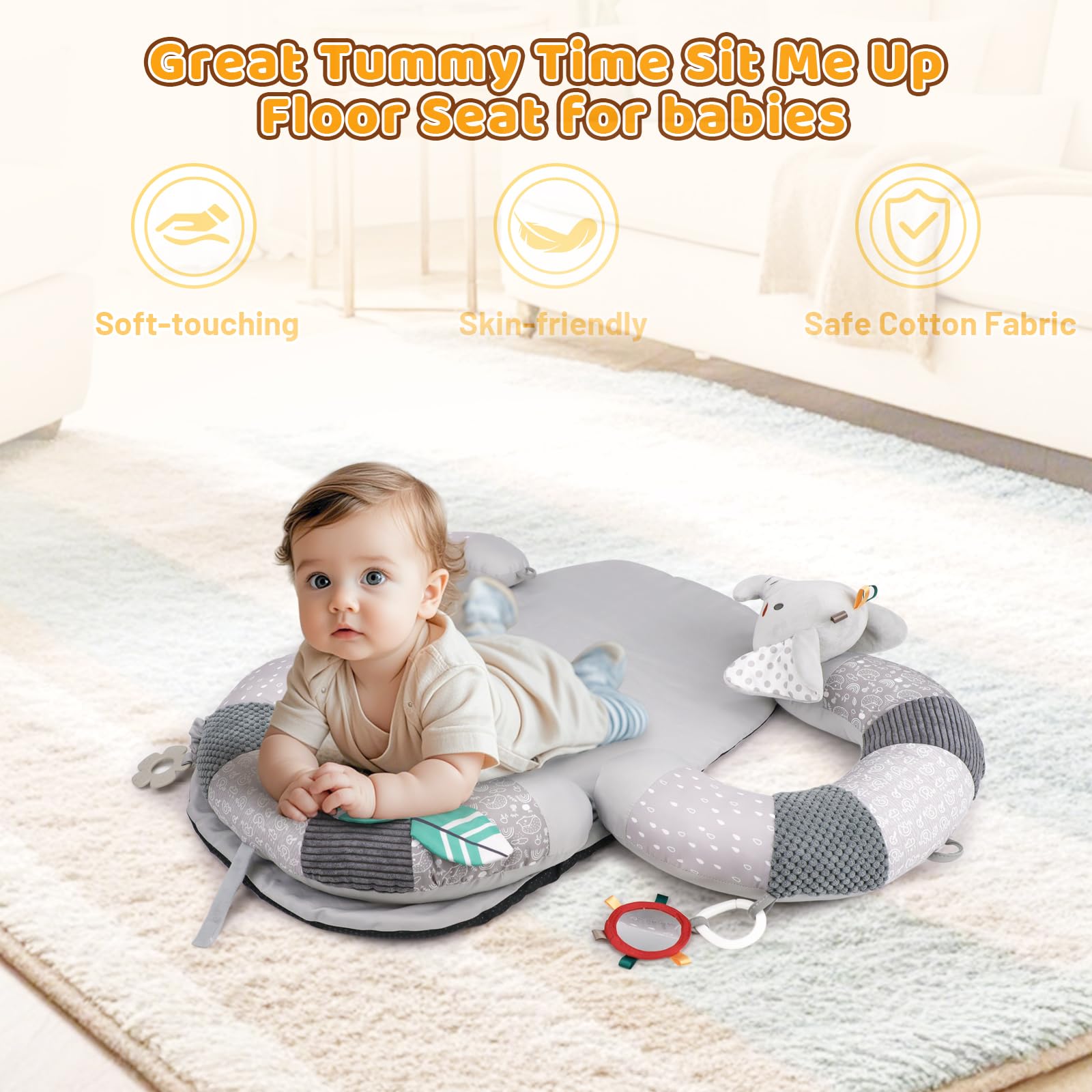 3-in-1 Bauch-Zeitmatte und Babyliege für Säuglinge, Sit Me Up Bodensitz mit abnehmbarem Stützkissen, um Reflux zu verhindern, tragbare Spielmatte für Neugeborene Jungen und Mädchen (Grau)