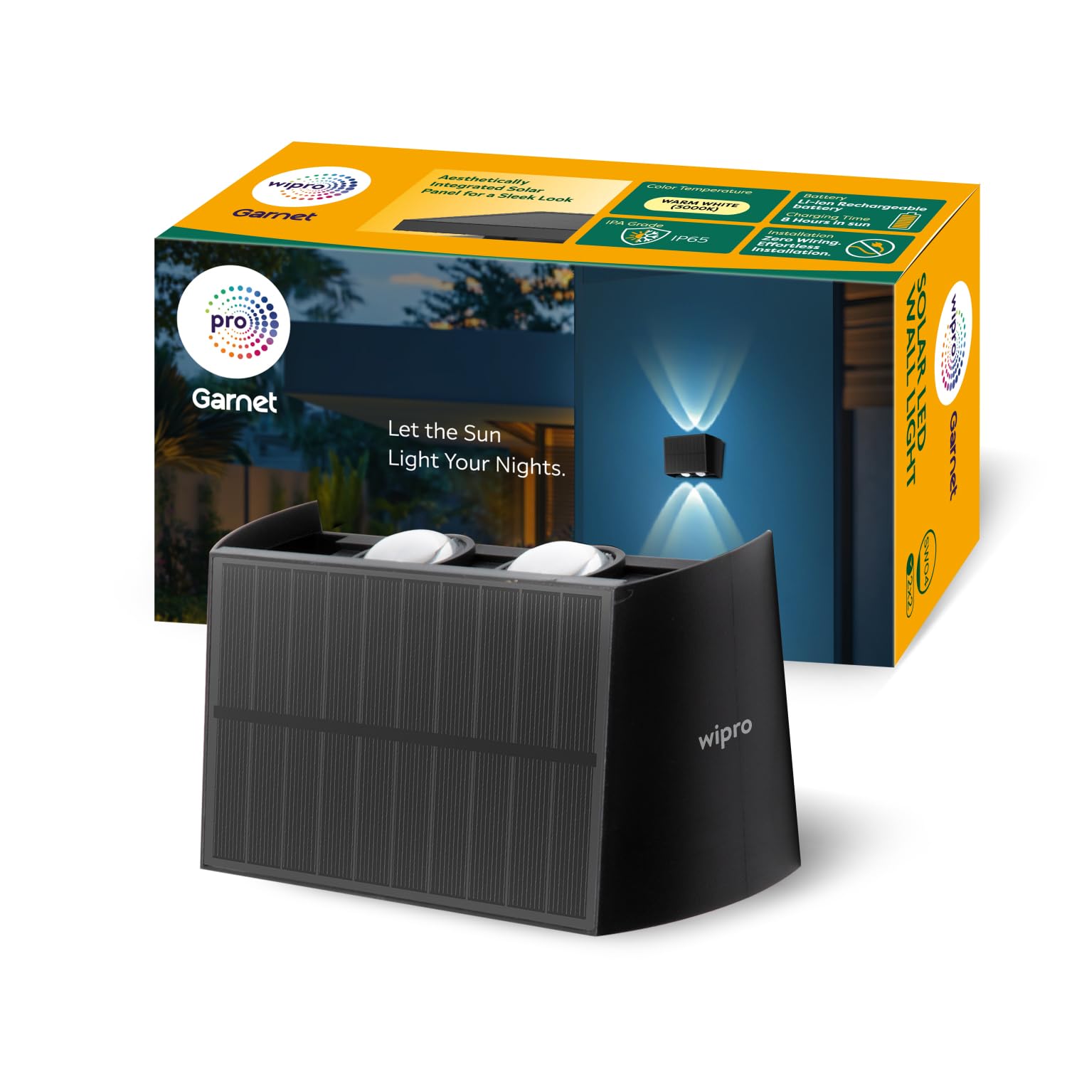 Wipro Garnet Solar Wall Light SW04 2x2 Way | 2 in 1 modes | Warm White Light | Auto ON(Night) & OFF(Day) | IP65 | Outdoor Light for Home, Balcony, Patio, Stairs, Garden | Easy Installation | Pk 1