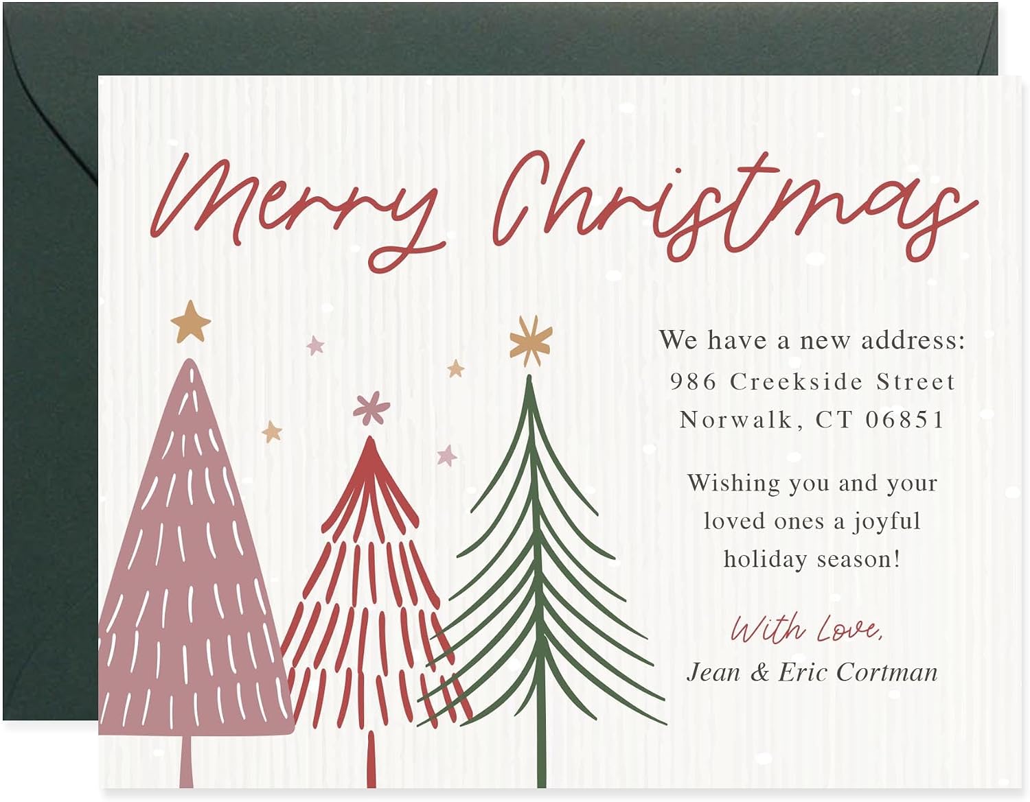 Christmas Trees Moving Announcement Cards, Flat 5.5x4.25 Personalized Holiday New Address Cards with Envelopes