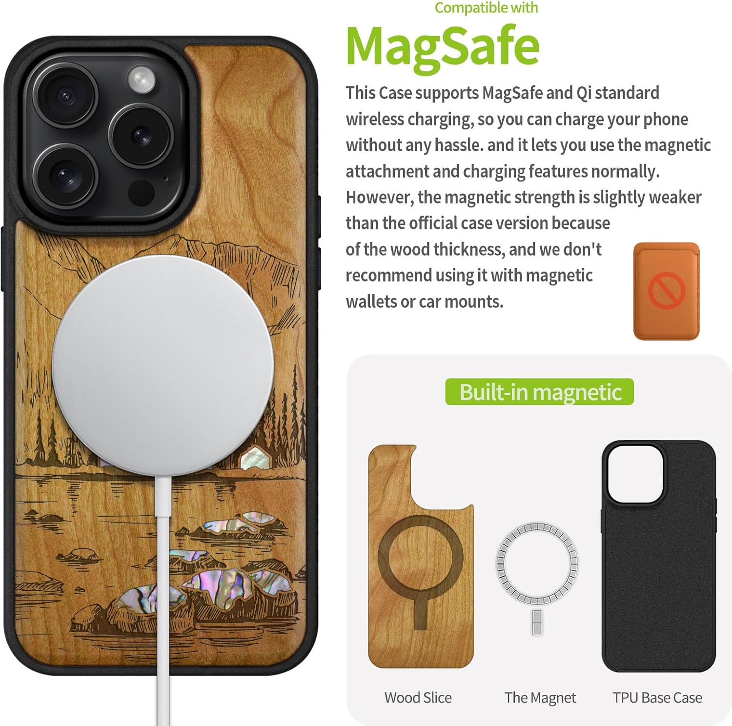 Carveit Magnetic Case for iPhone 16 Pro Case, Wood Artisan Engraved & Handmade Shell Inlaid, TPU Shockproof Cover, Compatible with MagSafe Wireless Chargers (Lakes and Mountains) Cherry