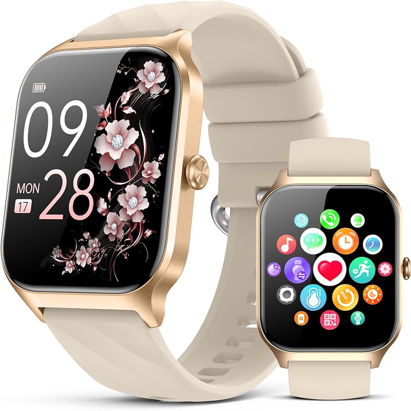 Kriutefy Smart Watch for Women Men - Answer/Make Call, Fitness Tracker Smartwatch for Android iPhone Compatible, Sleep Female Cycle, 120+ Sports Modes Step Counter (Champagne Gold, 2 Straps)