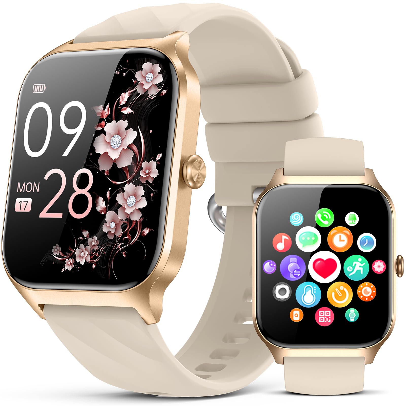 Kriutefy Smart Watch for Women Men - Answer/Make Call, Fitness Tracker Smartwatch for Android iPhone Compatible, Sleep Female Cycle, 120+ Sports Modes Step Counter (Champagne Gold, 2 Straps) - 2