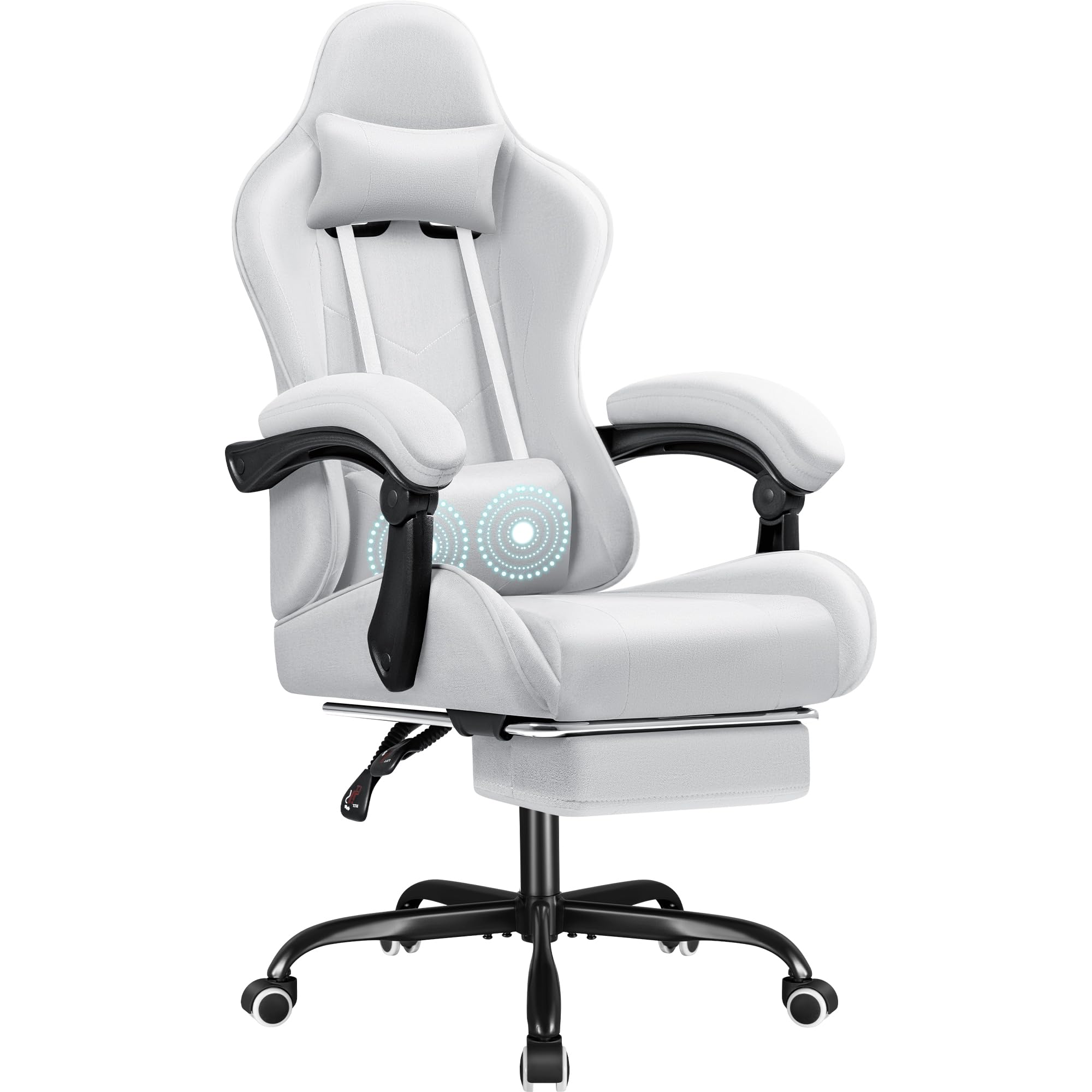 ShahooGaming Chair Fabric with Footrest and Massage Lumbar Support, Video Racing Cloth Seat Height Adjustable with 360°Swivel and Headrest for Office or Bedroom, Light Gray