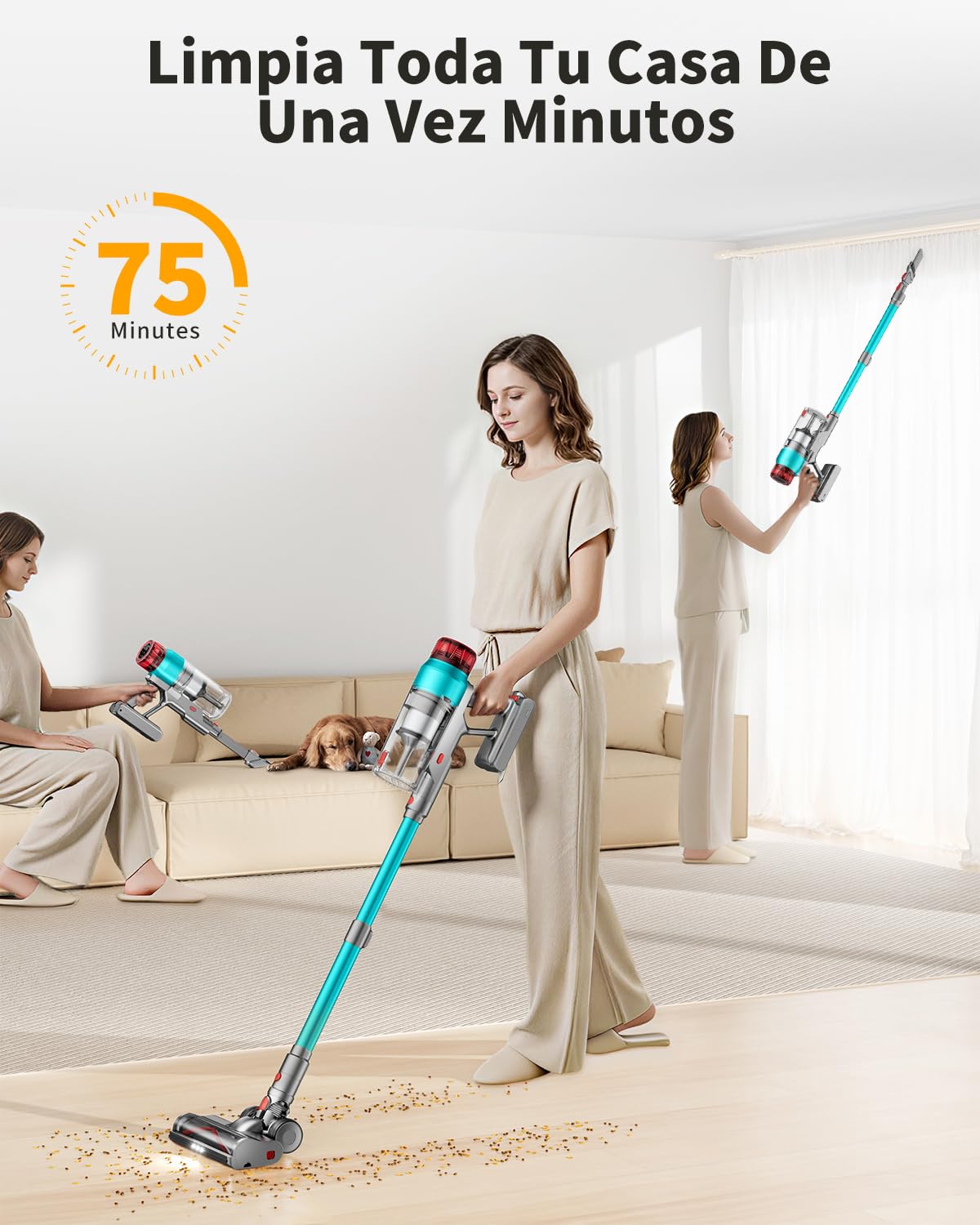 60KPa/600W Aspiradora sin Cable, Aspiradora Fregadora Sin Cable Potente hasta 75Mins, con Carga de Pared Smart Screen, Cepillo Antienredos, Alfombra Pelo Mascota Suelo Sofá