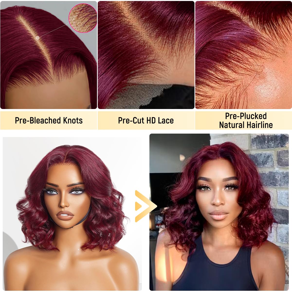 mscoco Bob Wig Human Hair Glueless 6×5 99j Burgundy Body Wave Lace Front Wigs Human Hair Pre-Bleached Knots Wear and Go Glueless Bob Wig Human Hair for Black Women Body Wave Wig