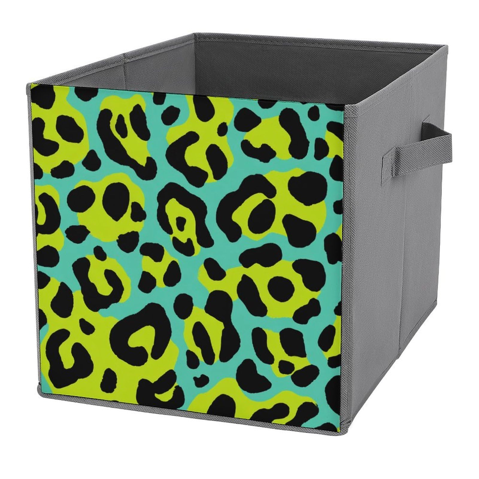 Jubonexis Leopard Print in Western Turquoise Lime Green Cube Storage Bins Storage Cubes Foldable Decorative Fabric Storage Baskets Home Organizers with Handles for Shelves,Closet, 27x27 CM