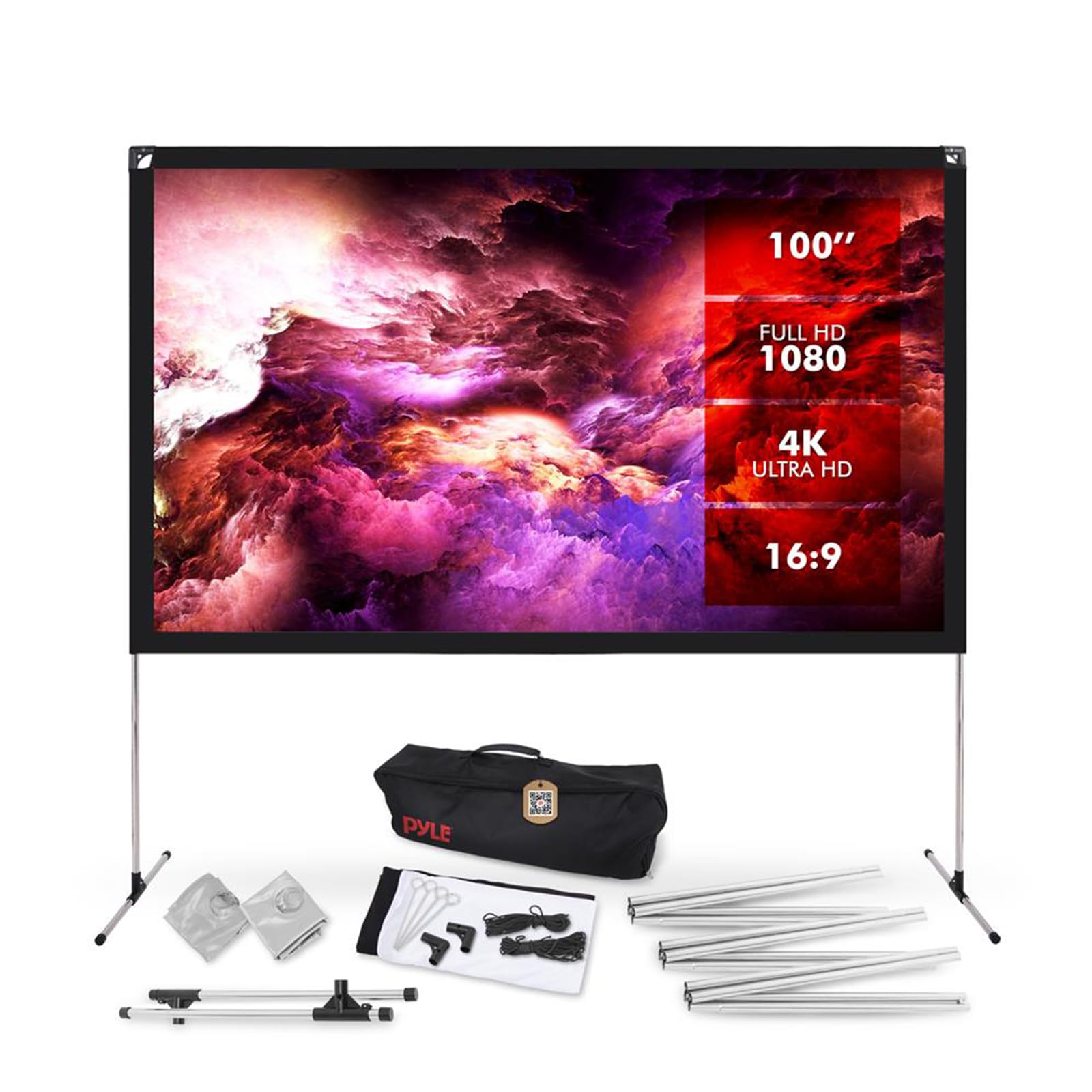 PyleProjector Screen with Stand - 100" 16:9 HD 4K Portable Lightweight Freestanding Foldable Indoor Outdoor Movie Projection Display with Frame for Home Theater