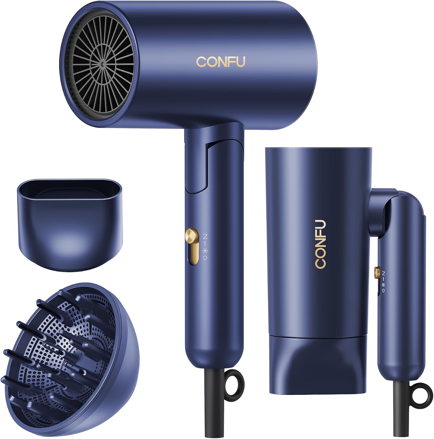 CONFU Diffuser Hair Dryer for Curly Hair,1500W Fast Drying Blow Dryer with Diffuser for Women,Compact & Portable Negative Ion Hairdryer,Mini and Foldable Blowdryer Design for Travel(Blue)