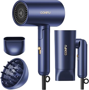 CONFU Diffuser Hair Dryer for Curly Hair,1500W Fast Drying Blow Dryer with Diffuser for Women,Compact & Portable Negative Ion Hairdryer,Mini and Foldable Blowdryer Design for TravelBlue