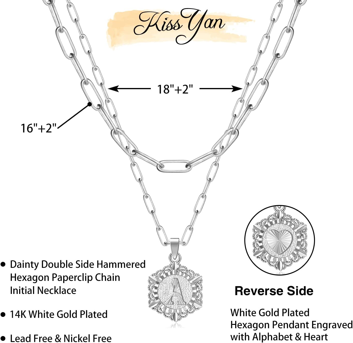 KissYan Layered Initial Necklaces for Women, 14K Gold Plated Hexagon Letter Pendant Silver Chain Dainty Layering White Gold Paperclip Link Adjustable Capital A-Z Choker Necklace Trendy Jewelry Gifts image 5