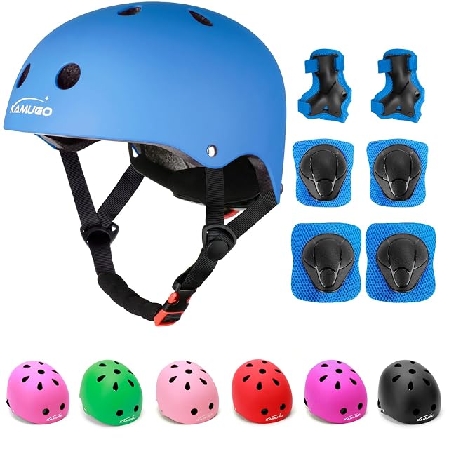 KAMUGO Kids Adjustable Helmet with Sports Protective Gear Set Knee Elbow Wrist Pads for Toddler Age 2-8 Boys