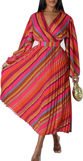 Womens 2024 Striped Casual Midi Dress V Neck Long Sleeve Pleated High Waist Flowy Maxi Dresses