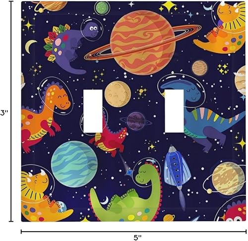Vista 7 de Placa de pared con interruptor de luz de doble interruptor de pared para niños, diseño de dinosaurio, galaxia, espacio exterior, planeta, nebulosa