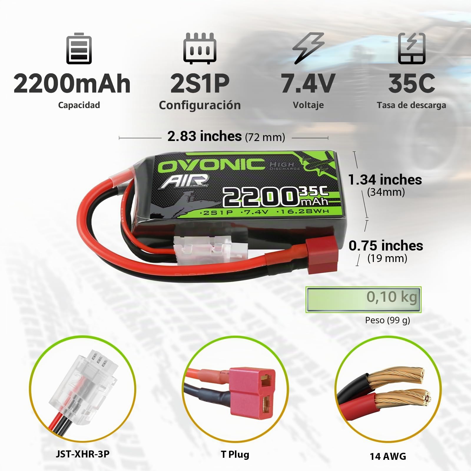 OVONIC Batería Lipo 2s 35C 2200mAh 7.4V Batería Corta con Decans para RC Heli Airplane Quadcopter Coche Barco Camión Helicóptero Multimotor DIY Hobby (2 Piezas)