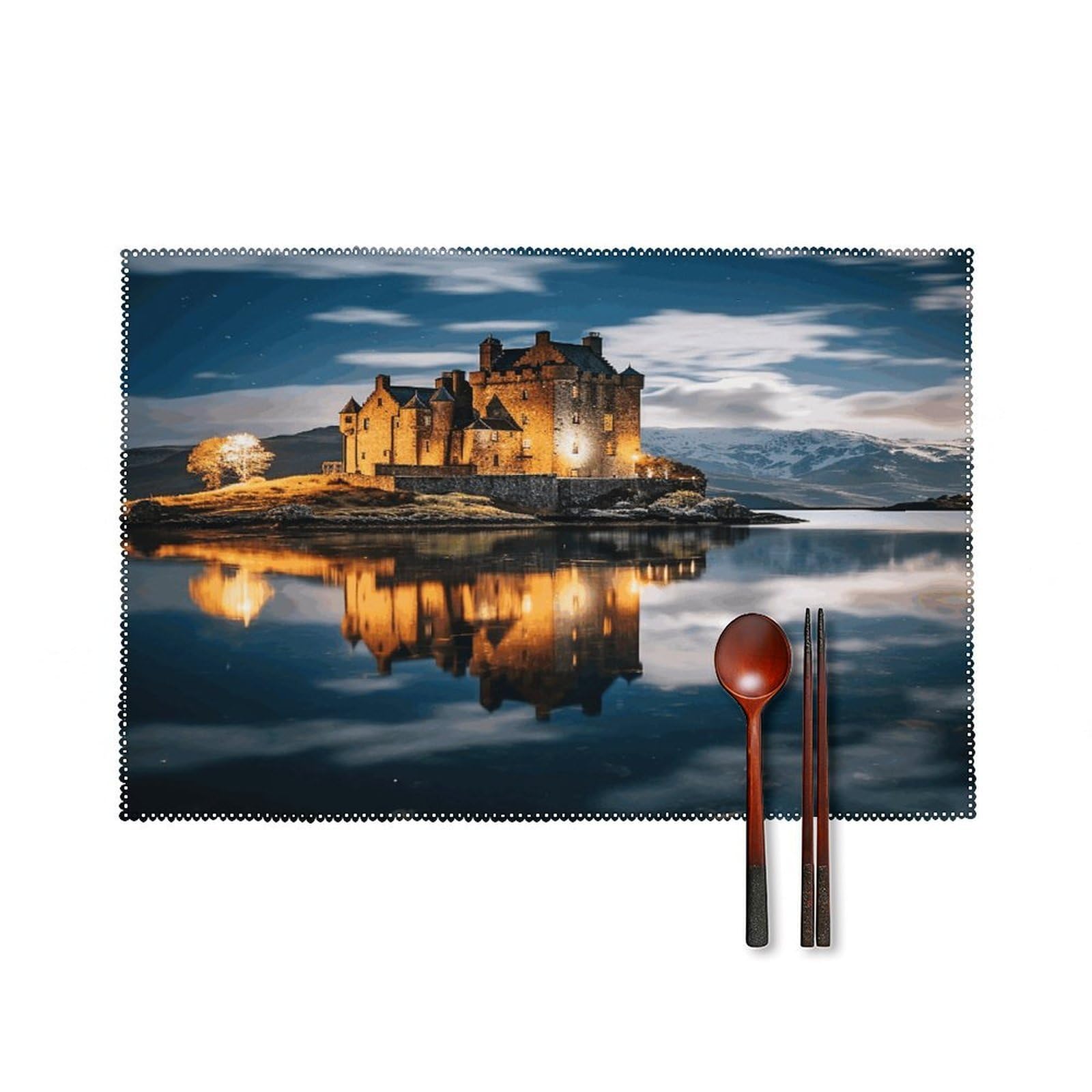 Btcowzrv Style A Castle By The Lake Canvas Placemats Set Of 6, Wipeable Washable Place Mats For Indoor & Outdoor, Table Mat Decor For Kitchen Dining Party