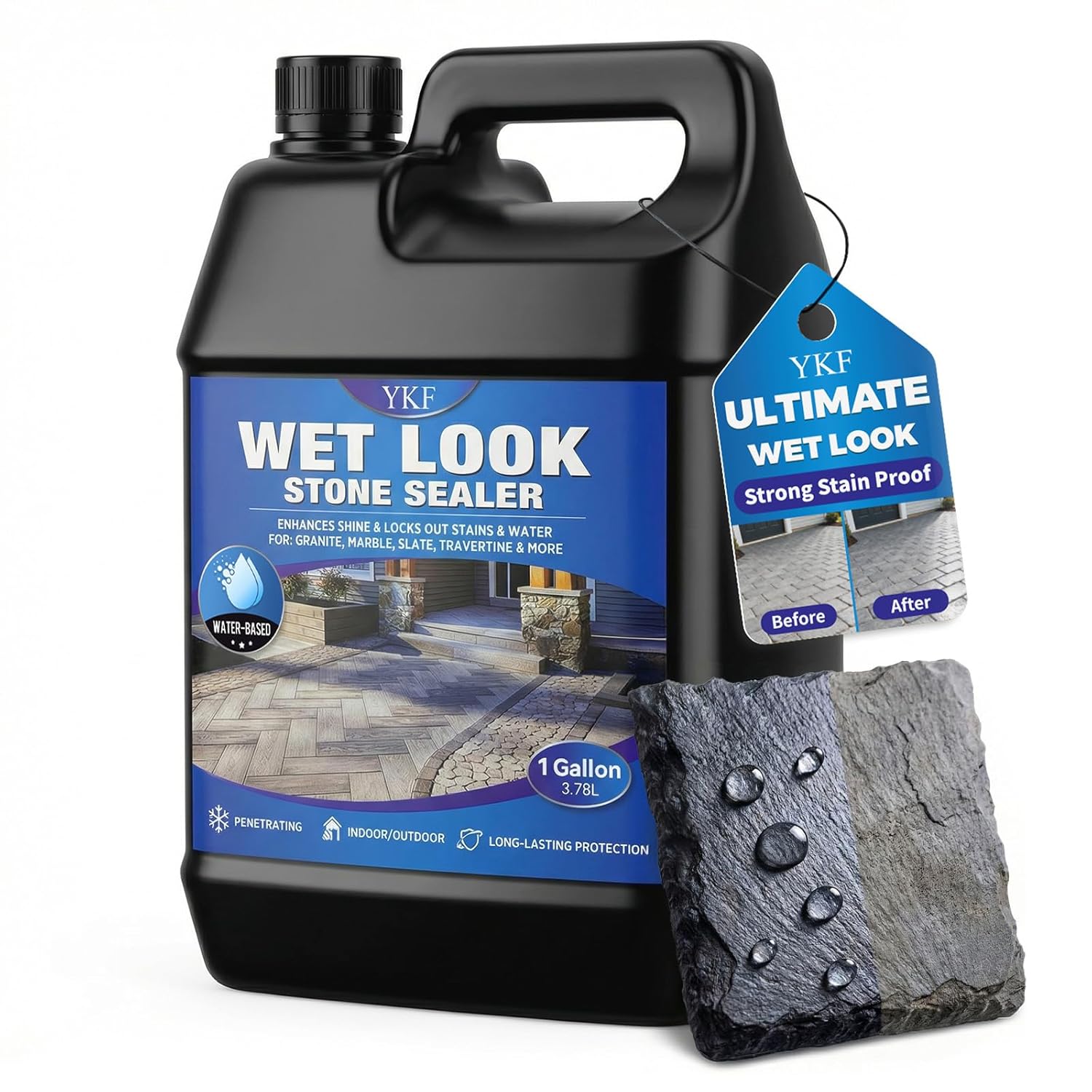 Wet Look Stone Sealer - Long-Lasting Color Enhancement for Pavers, Concrete, Slate & Driveways - Satin Finish, Non-Yellowing, Waterproof, UV Protection, Indoor & Outdoor - 1 Gallon