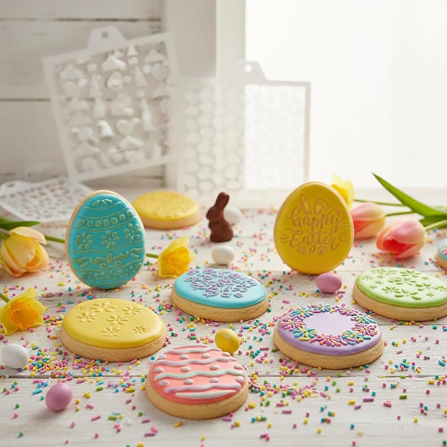 Easter Eggs Bunny Cookie Stencils Templates, 16 Pieces, 4x4 Inch, Happy Easter Spring DIY Sugar Cookies Stencil for Party Supplies