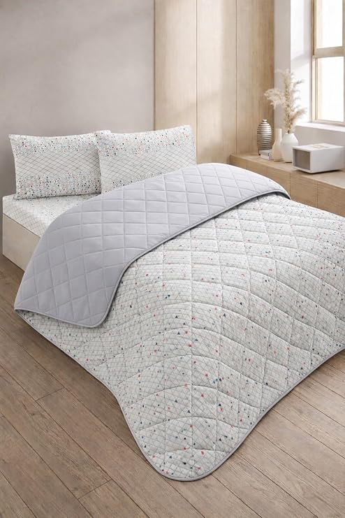 Formeya Kapitoneli Çift Kişilik Desenli Pike - Yatak Örtüsü Takımı 200x230 cm - 2 Adet Yastık Kılıflı (Gri)