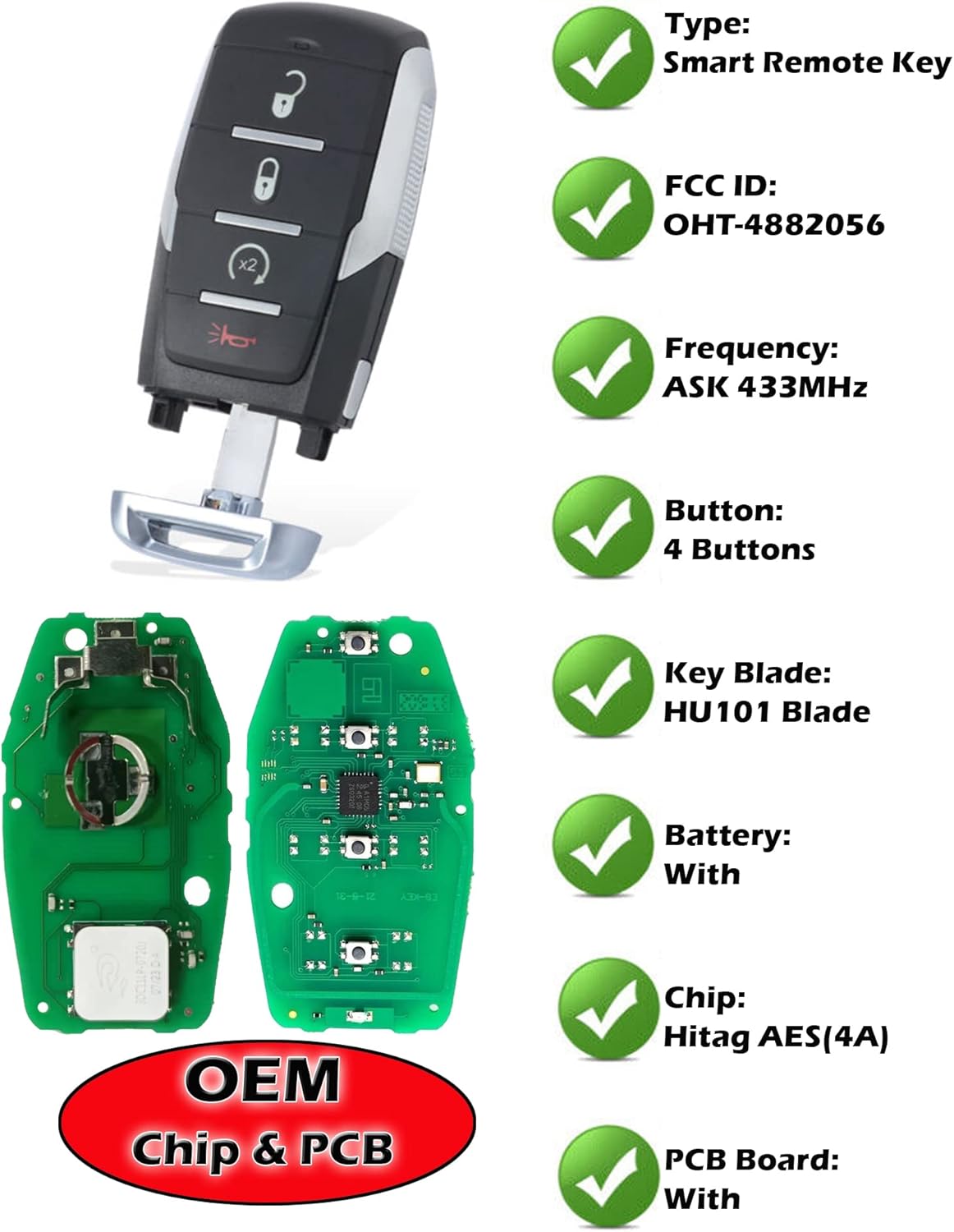 Smart Key Fob for Dodge RAM 1500 2019-2024, Alliskeys Proximity Keyless Entry Remote Control Keyfob Replacement Compatible with Dodge RAM 1500 Pickup 2019-2024 OHT-4882056 68291689