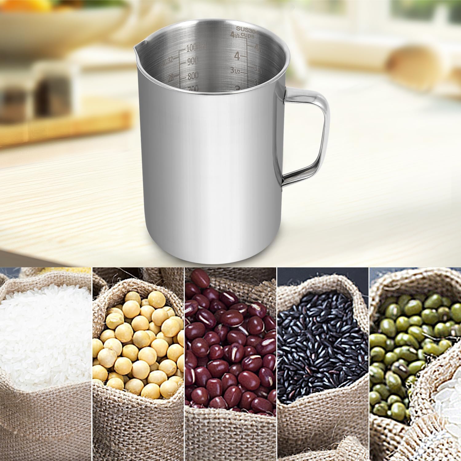 Kichwit Taza medidora de acero inoxidable, taza medidora grande de metal con asa, 1000 ml, 4 tazas