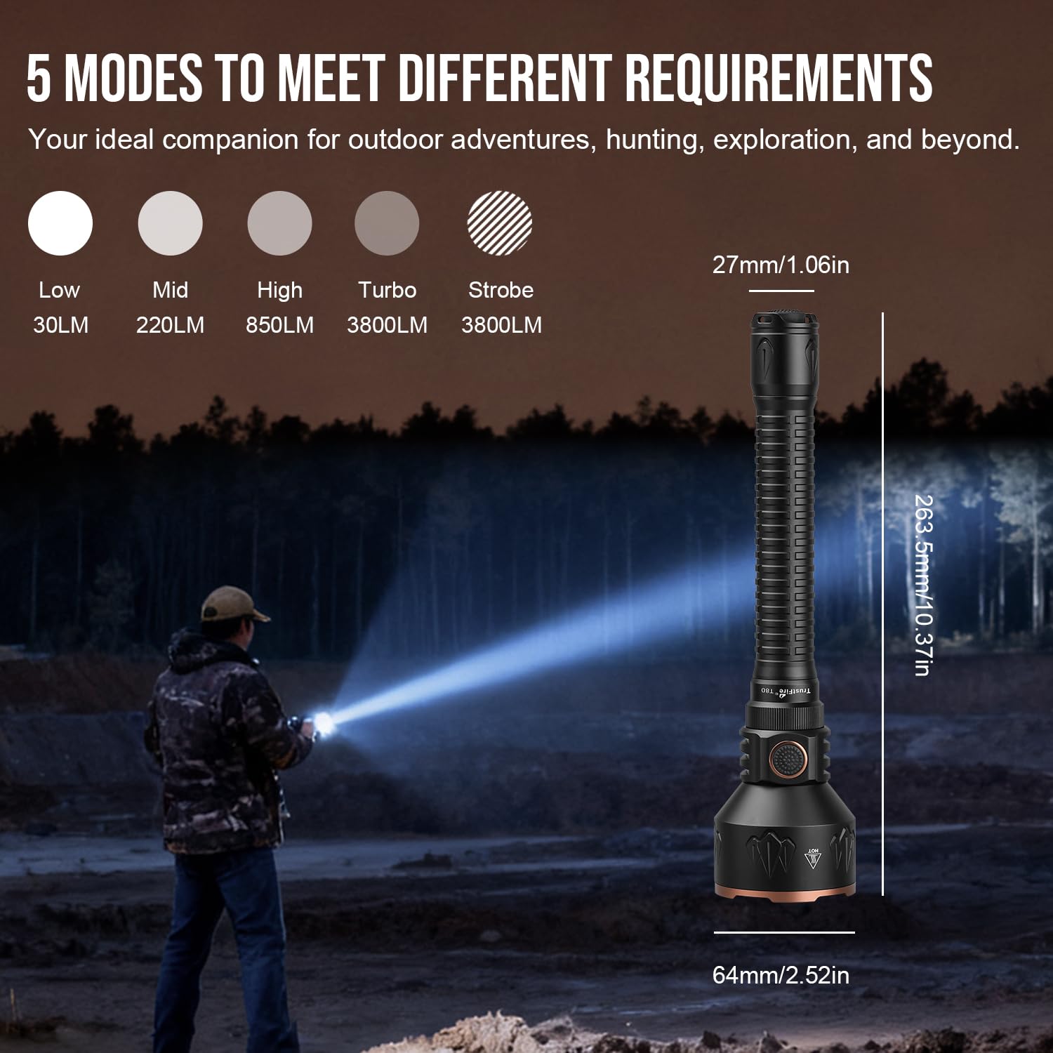 TrustFire T80 Linterna LED Táctica Recargable, Linterna Caza Alta Potencia 3800 Lúmenes y 1050m de Alcance,IPX8, 6 Modos,con Carga Tipo-C e Interruptor Dual, para Caza, Búsqueda y Rescate, Camping