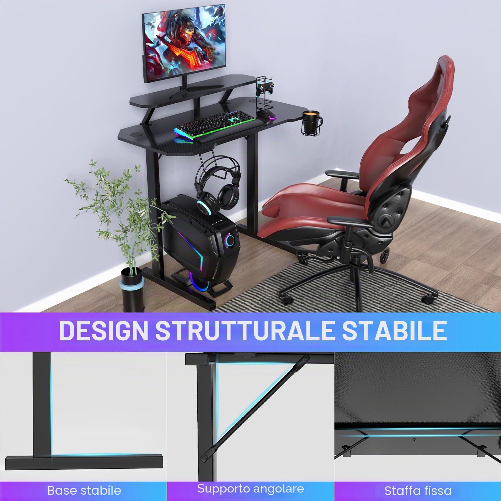 Scrivania da Gaming Scrivania per computer Tavolo per PC con portabicchieri e gancio per cuffie Scrivania con supporto per monitor 100x55x75 cm Nero