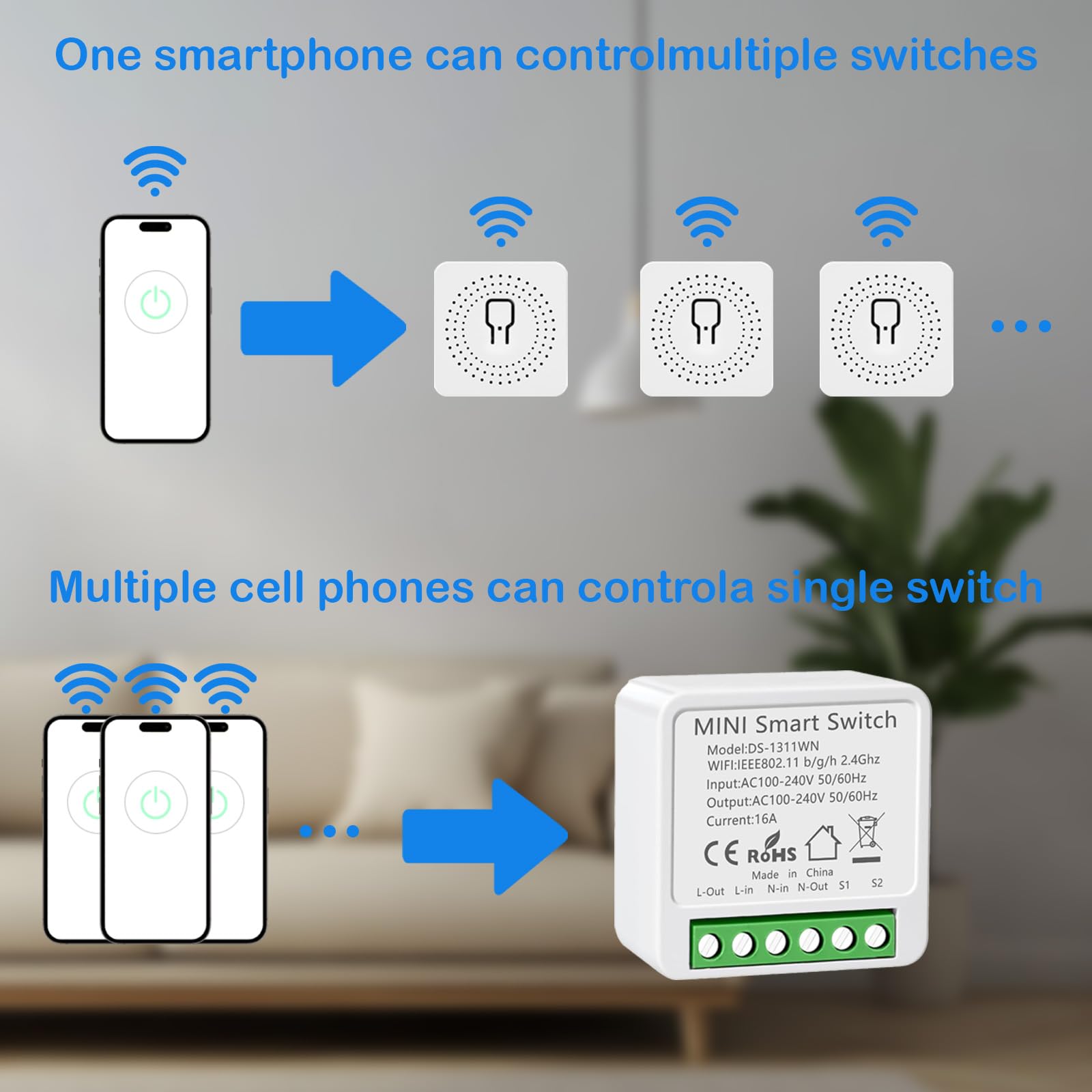 Interruptor WIFI, Interruptor Inteligente WIFI, Mini Smart Switch WIFI Compatible con Alexa,Tuya y Smart Life, Max 16A, 2.4GHz Interruptor Alexa