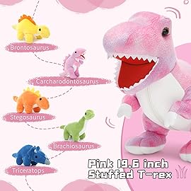 Muiteiur Pink Dinosaur Stuffed Animals, Soft 19.6 inch Dinosaur Stuffed with 5 Cute Babies T-Rex Zippered Belly, Dinosaur Gift Set for Kids Girl Boy