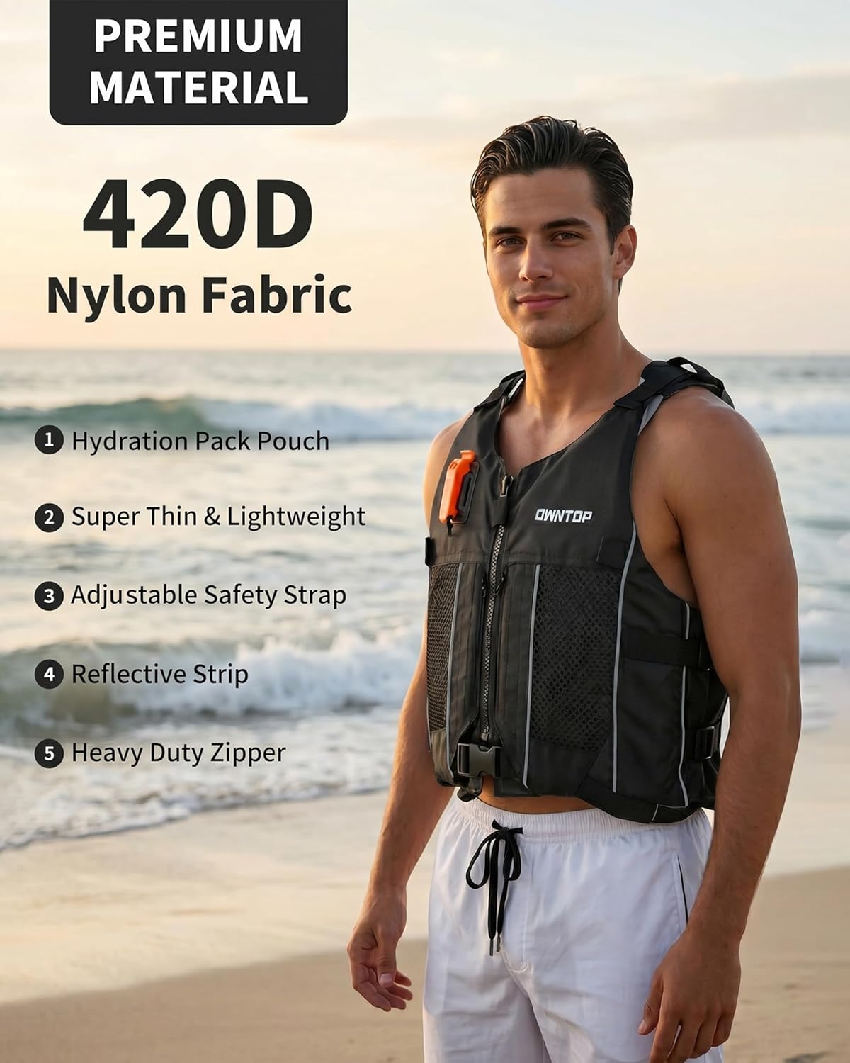 Owntop Swim Jacket Adult Youth | Hydration Pack | Dual Mesh Pockets | Attached Whistle | Ultra-Thin for Freer Movement | Kayak, Boating, Fishing, All Watersports
