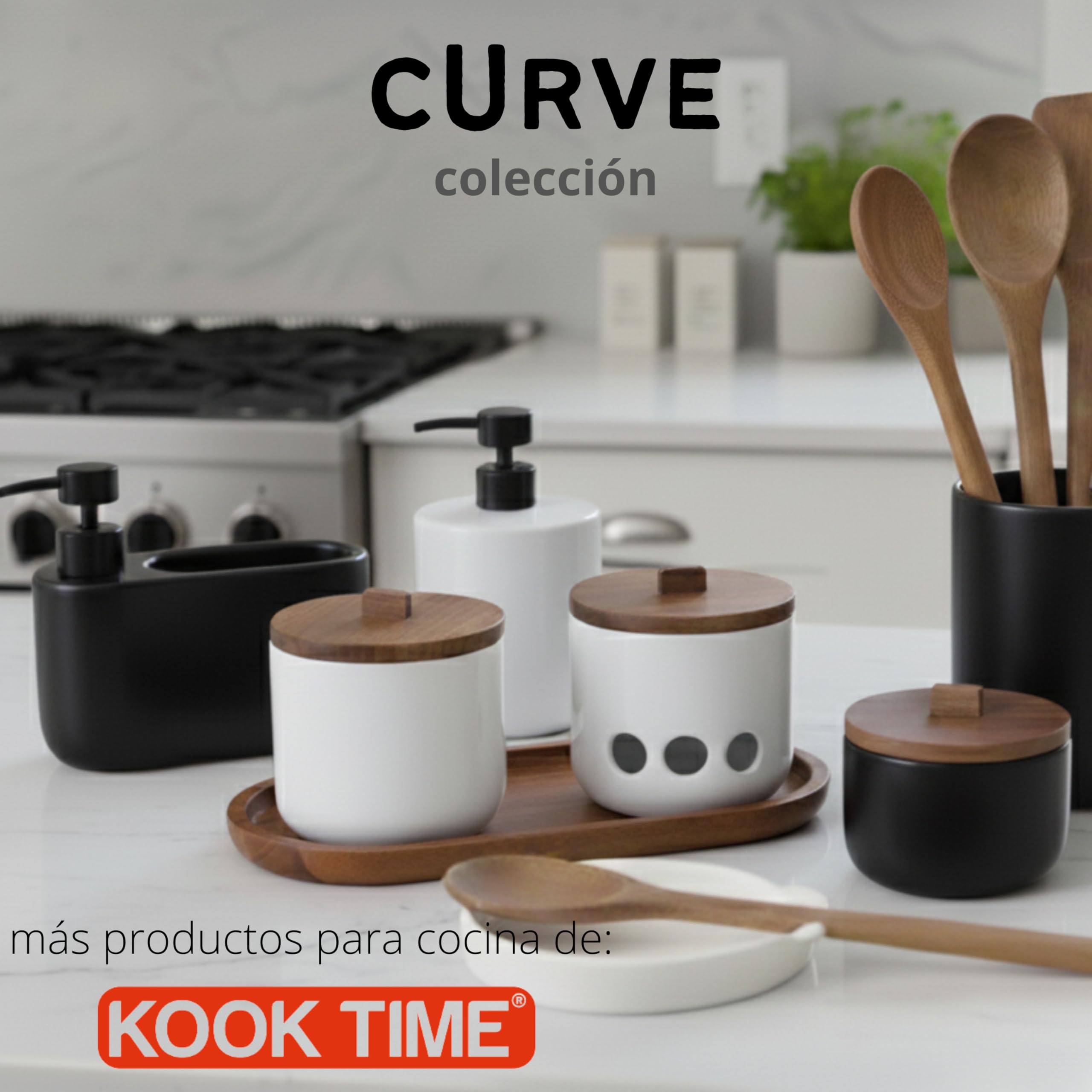 Kook Time Dispensador de Jabón Cocina con Estropajero 520 ml Curve - Dosificador de Cerámica y Soporte para Esponja. Organizador de Fregadero Estrecho. 18 x 7.3 x 15 cm. - Blanco — view 7