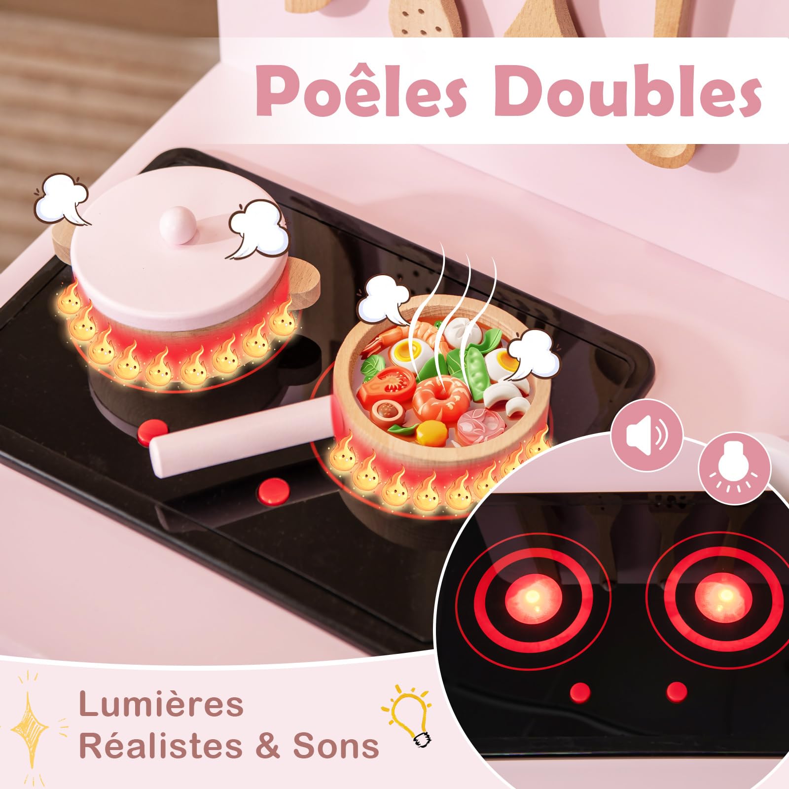 COSTWAY Cuisine Enfant en Bois avec Lumière & Son & 10 Accessoires, Jeu de Cuisine Enfant avec Évier Amovible & Poêles Double, Espace de Rangement, Jeu de Rôle pour Enfant de 3 Ans+ (Rose)