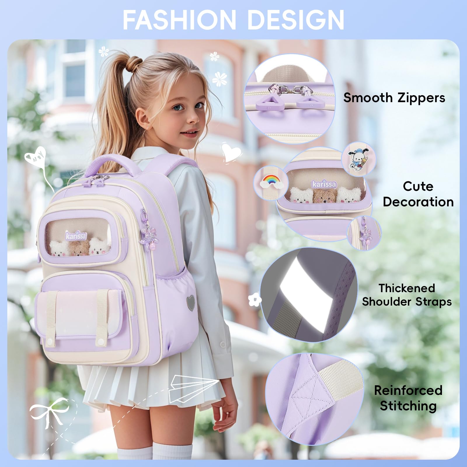 Tanou Schultasche Mädchen Rucksack Kinder Ergonomic, 20 Liter, Lila | Schulrucksack Kinderrucksack der 1. bis 5. Klasse, Lässiger Ranzen Teenager für die Schule Reisen