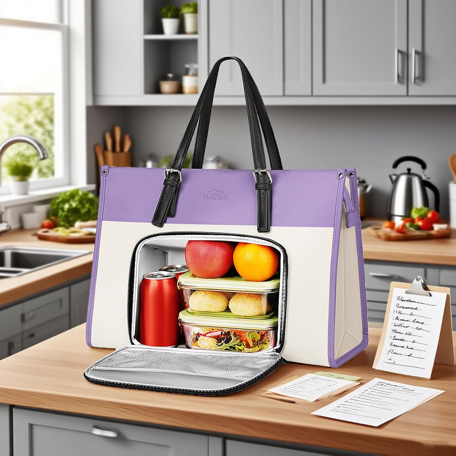 MATEIN Womens Work Bag with Lunch Compartment, 15.6 Inch PU Leather Laptop Handbags with Insulated Pocket, Waterproof Large Office Bag for Work, Purple Lunch Tote Purse for Teacher, Nurse, Gift - Image 3