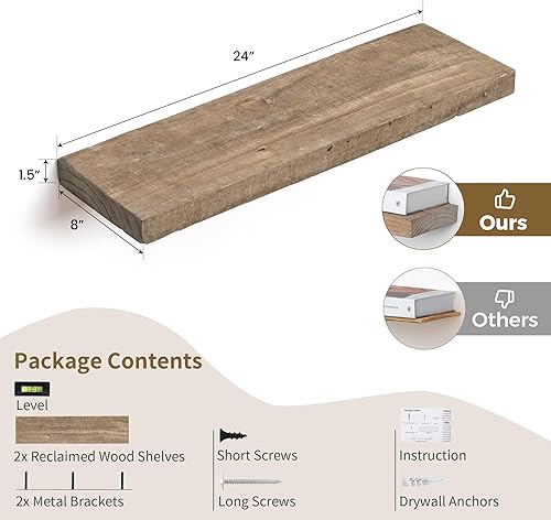 Miniatura 3 de Estantes flotantes, estantes de pared de madera maciza rústica recuperada de 8 pulgadas de profundidad para almacenamiento, estantería de exhibición