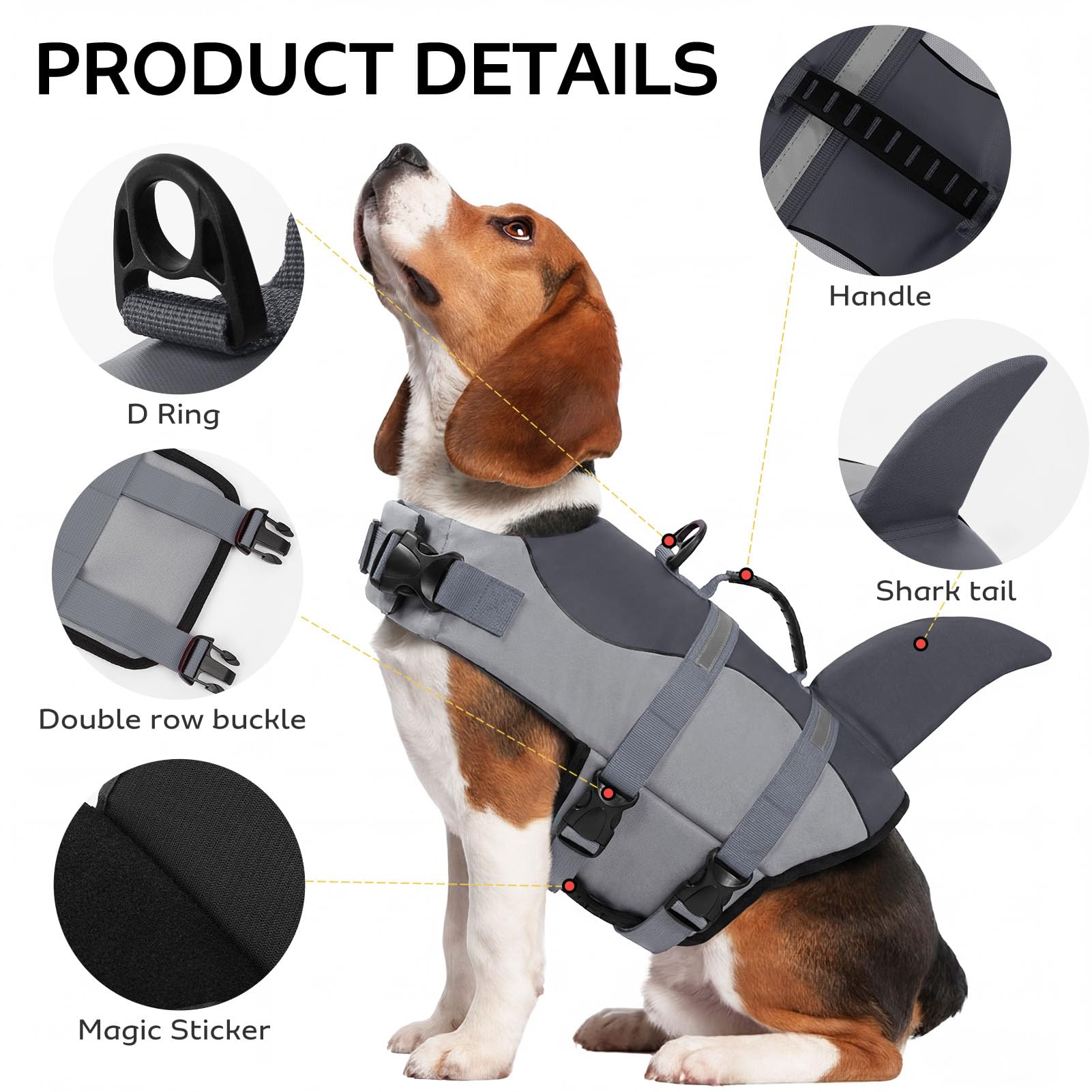 CITÉTOILE Schwimmweste Hund Hai, Hundeschwimmweste & Dog Life Jacket Verstellbar mit Griff und Reflektoren, Rettungsweste für Kleine Mittel Große Hunde & Welpen zum Schwimmen, Bootfahren, Surfen