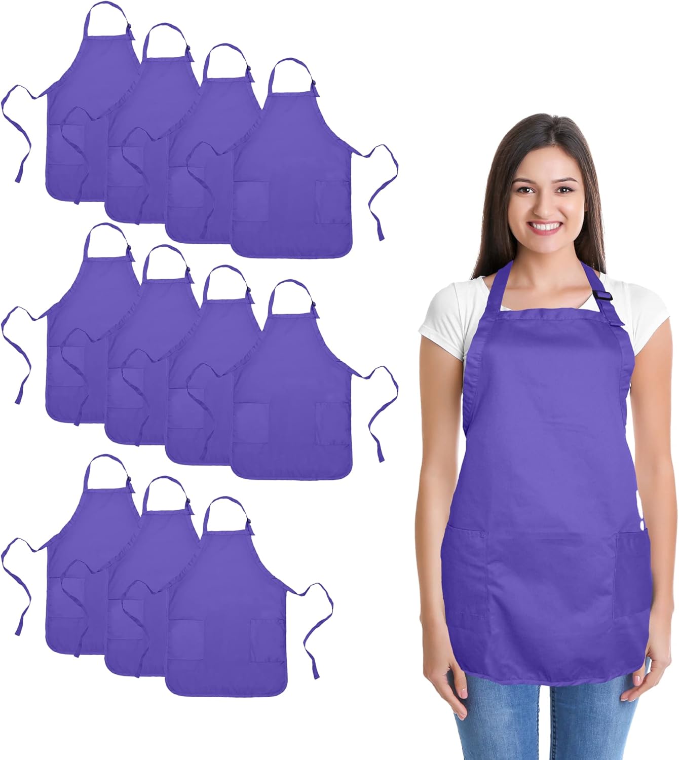 DALIX Apron Commercial Restaurant Home Bib Spun Poly Cotton Kitchen Aprons (2 Pockets) (12, Purple)