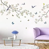 Vista 6 de Calcomanías de pared de ramas de hojas verdes, calcomanías de pared de flores blancas, calcomanías de pared extraíbles para bricolaje, mariposas