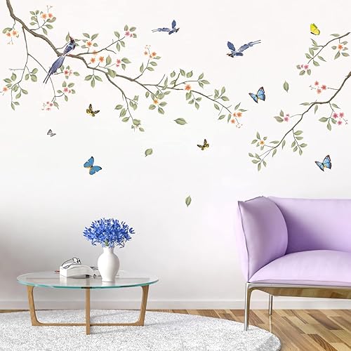 Miniatura 6 de Calcomanías de pared de ramas de hojas verdes, calcomanías de pared de flores blancas, calcomanías de pared extraíbles para bricolaje, mariposas y