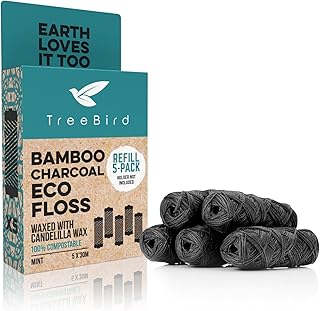 Biodegradable Bamboo Charcoal Eco Floss Refills | Refill 5-Pack | Vegan & Cruelty-Free | Zero Waste Dental Care | Mint