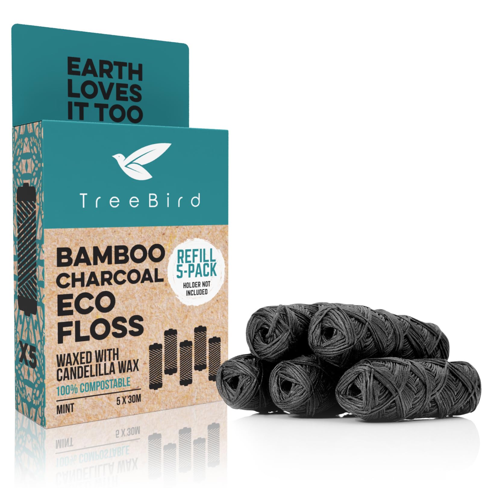 TreeBird Bamboo Charcoal Dental Floss Refills | Pack of 5 (33 Yard Spools) | Mint Flavor, Candelilla Waxed | Refill Pack for Floss Holder | Kraft